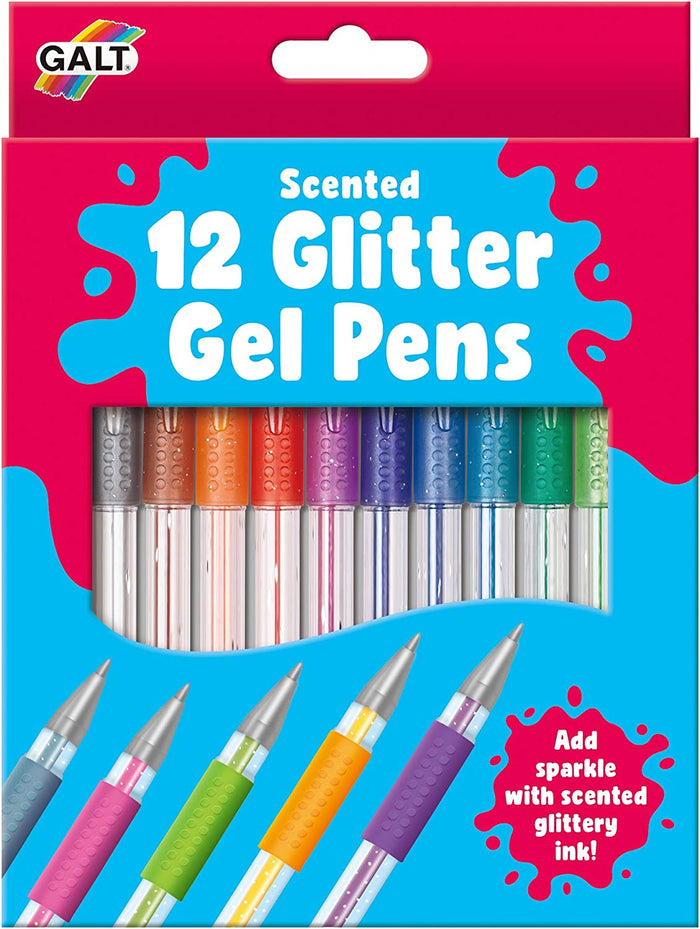 12 Galt Scented Glitter Gel Pens in pink and blue packaging with colorful pens and sparkly ink details.