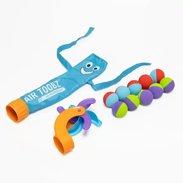 Blue inflatable smiley tube, orange and purple plastic connectors, and ten colorful foam balls on a white background.