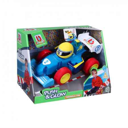 Blue toy racing car with red wheels and a yellow-helmeted driver, packaged in a green box with racing graphics.