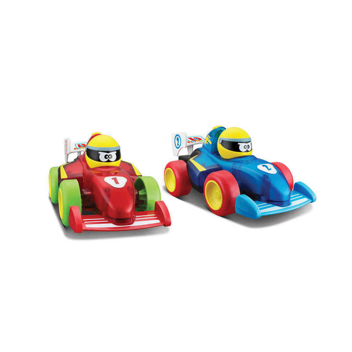 Red and blue chunky toy race cars with yellow-helmeted drivers and bright, oversized wheels.