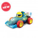 Teal toy Formula 1 car with yellow driver head, red wheels, and blue front wing, featuring a red NEW badge.