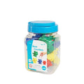 Clear plastic jar with blue lid containing 36 colorful red, yellow, green, and blue plastic bear-shaped counters.
