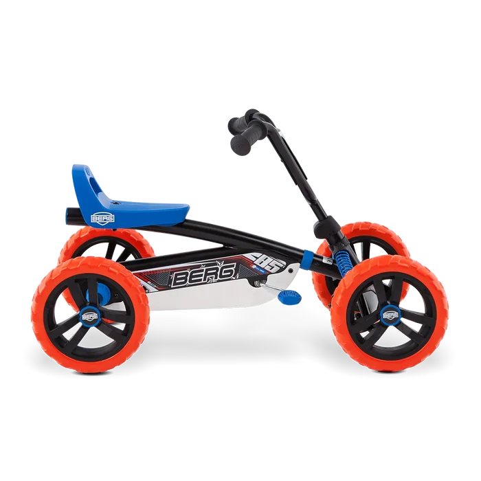 Black pedal go-kart with blue seat and handlebars, four chunky orange tires, and BERG branding on the side panel.