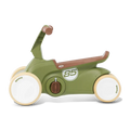 Olive green four-wheeled ride-on toy with brown seat and grips, white wheels, and a white number 85 racing graphic.