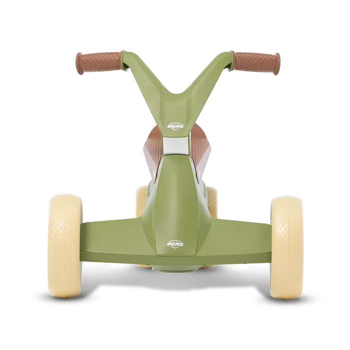 Front view of an olive green kids' ride-on toy with brown textured grips and four cream-colored wheels.