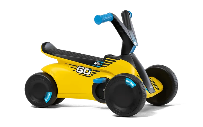 Yellow and black BERG GO² SparX ride-on toy with blue accents, four black wheels, and a textured seat.