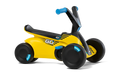 Yellow and black BERG GO² SparX ride-on toy with blue accents, four black wheels, and a textured seat.
