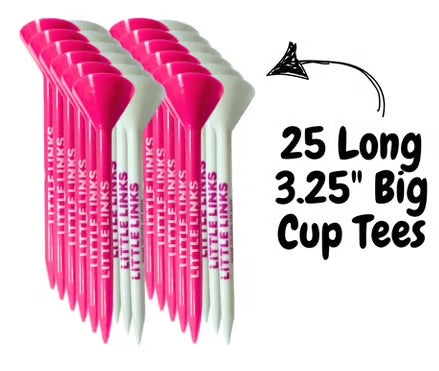 25 pink and white 3.25-inch golf tees with large cups and Little Links branding printed on the stems.