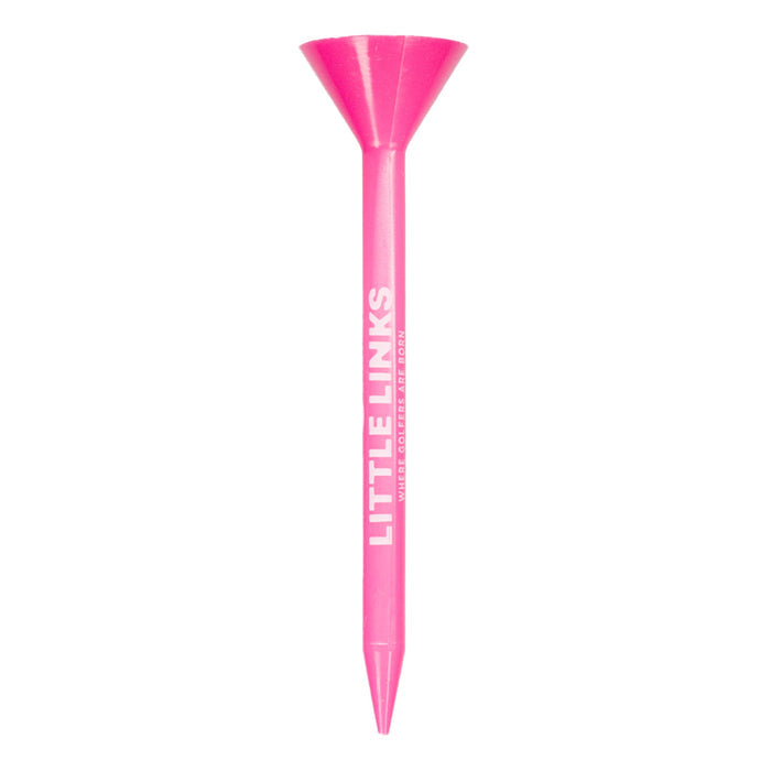 Bright pink plastic golf tee with a wide cup and white Little Links text printed vertically on the stem.