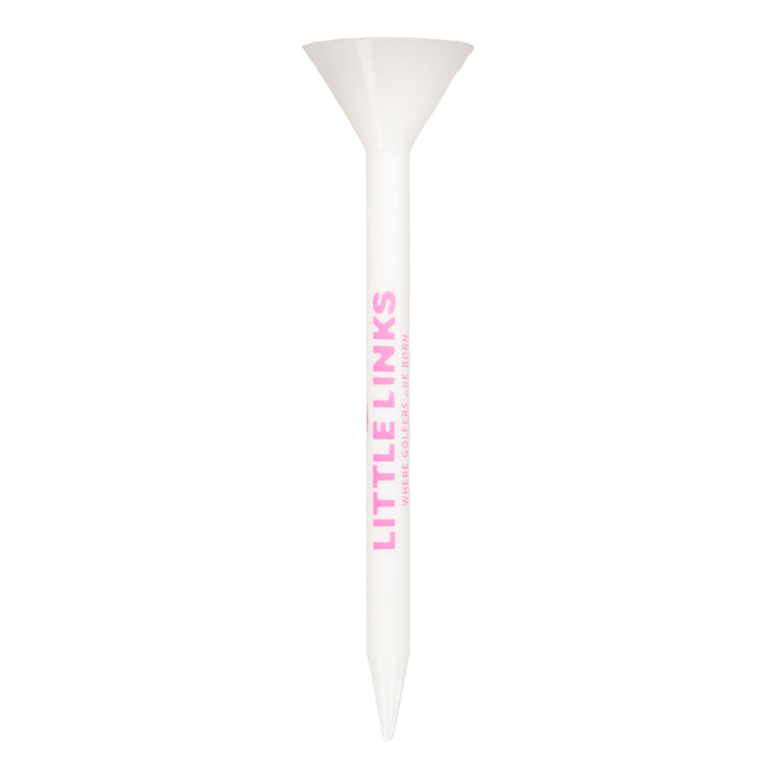 White golf tee featuring a large, wide cup and vertical pink LITTLE LINKS text on the stem.
