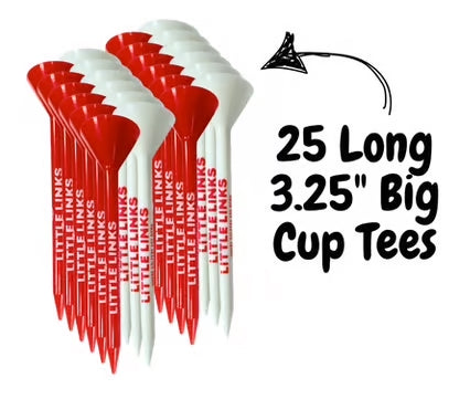 Red and white wide-cup plastic golf tees with LITTLE LINKS branding, arranged in a fanned pack of 25.