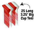 Red and white wide-cup plastic golf tees with LITTLE LINKS branding, arranged in a fanned pack of 25.