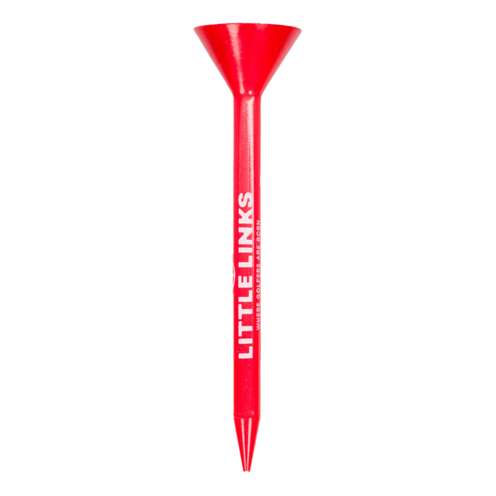 Red golf tee with an oversized cup top and white LITTLE LINKS text printed vertically on the shank.