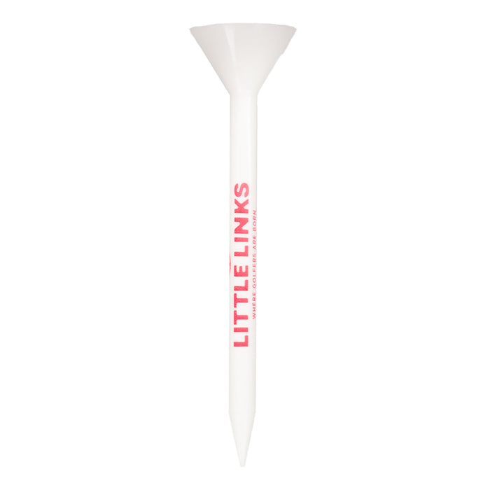 White plastic golf tee with a wide funnel-shaped cup and red vertical text reading Little Links.