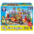 Colorful 20-piece jigsaw puzzle box showing a red fire engine with animal firefighters and a yellow border.