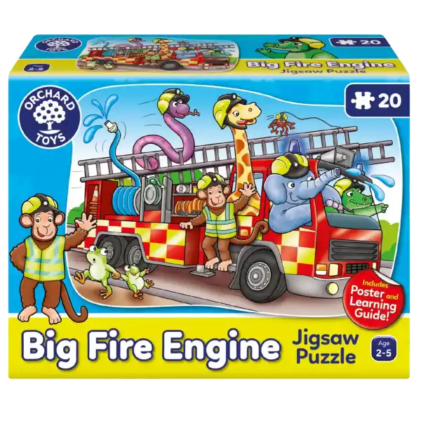 Colorful 20-piece jigsaw puzzle box showing a red fire engine with animal firefighters and a yellow border.
