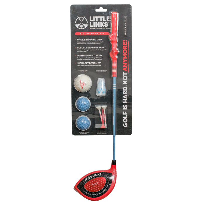 Kids golf club with red oversized head and grip, blue shaft, three practice balls, and tees on black packaging.