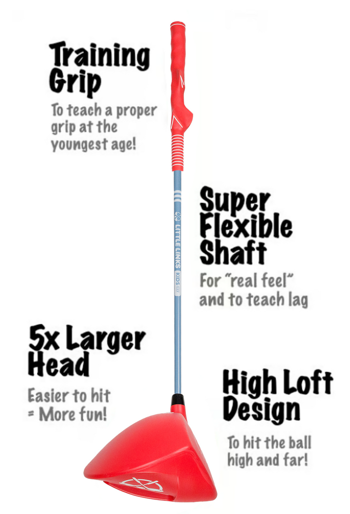 Kids' golf driver with red molded grip, blue shaft, and large red head. Labels highlight training features.