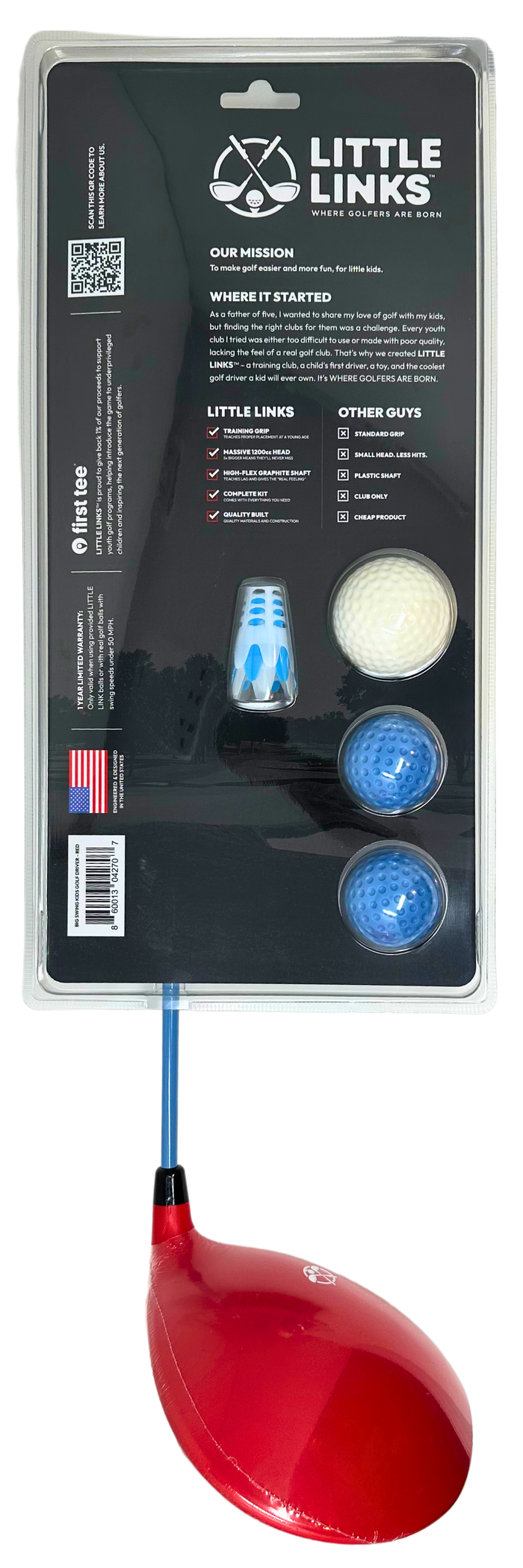 Red kids' golf driver with blue shaft, white and blue golf balls, and a tee in black retail blister packaging.