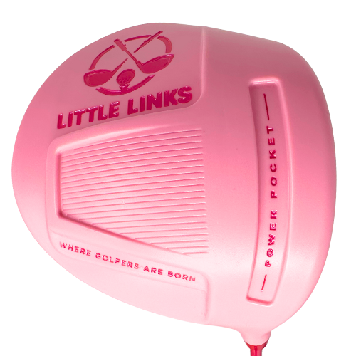 Bright pink plastic toy golf driver head with embossed Little Links logo, Power Pocket text, and ribbed textures.