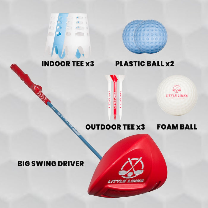 Red and blue toy golf driver with two blue balls, a foam ball, and six indoor and outdoor tees.
