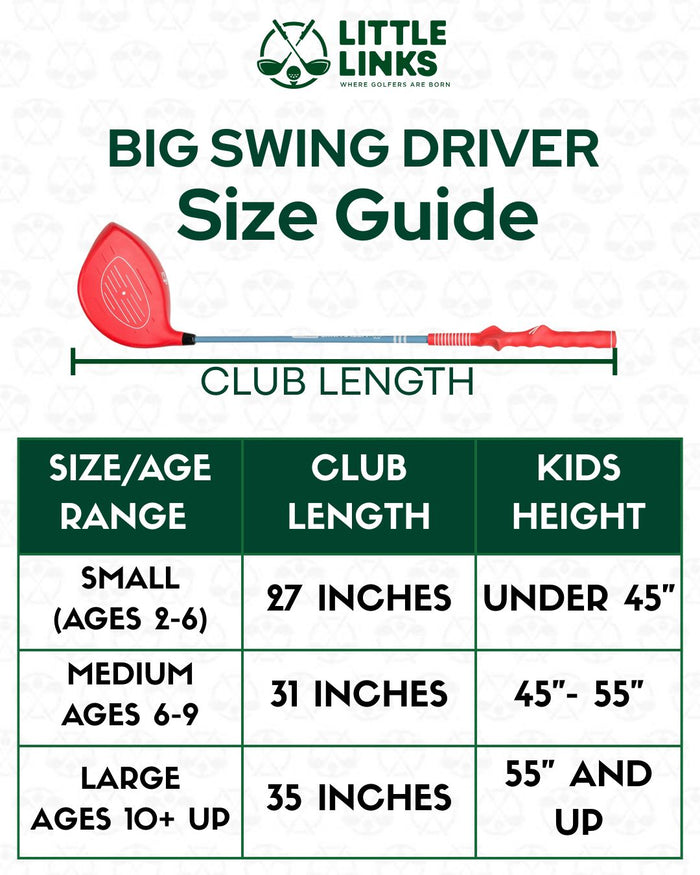 Size guide for a red kids golf driver. Table lists age, length, and height for Small, Medium, and Large sizes.