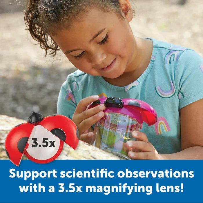 Child looking into a bug jar with a pink ladybug lid. Graphic highlights the 3.5x magnification power.