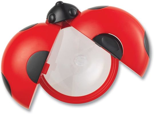 Red and black ladybug-shaped jar with wings spread to reveal a clear magnifying observation dome.