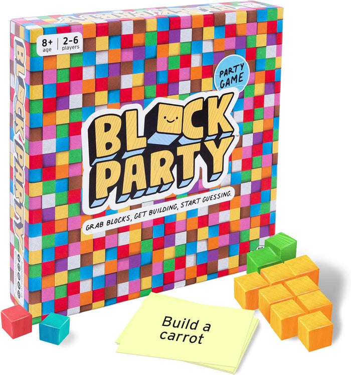 Colorful grid-patterned game box with small building cubes shaped like a carrot and a prompt card.