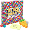 Colorful grid-patterned game box with small building cubes shaped like a carrot and a prompt card.
