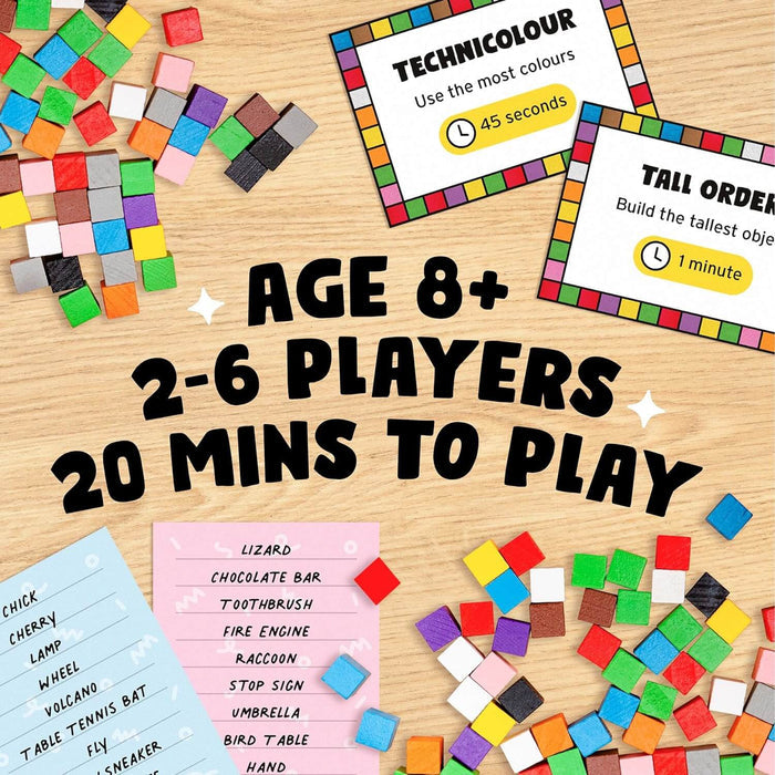 Colorful wooden blocks, word lists, and cards on a wood surface with Age 8+, 2-6 players, 20 mins to play text.