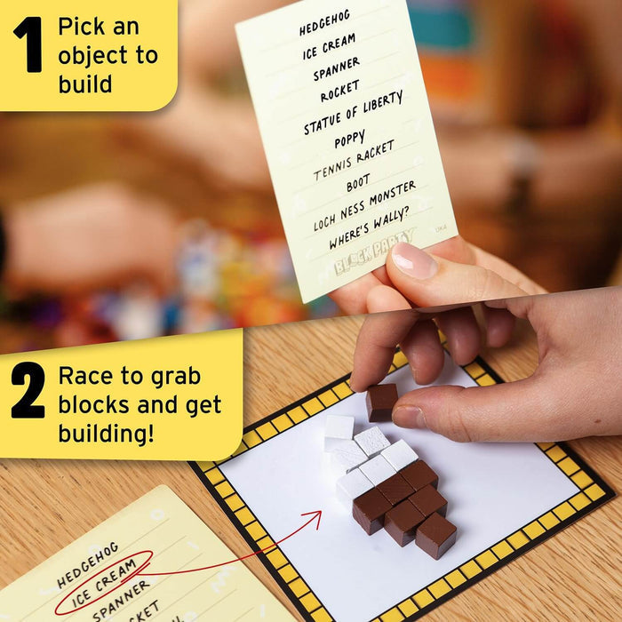 Hands picking a word from a card and building an ice cream cone using brown and white blocks on a grid board.