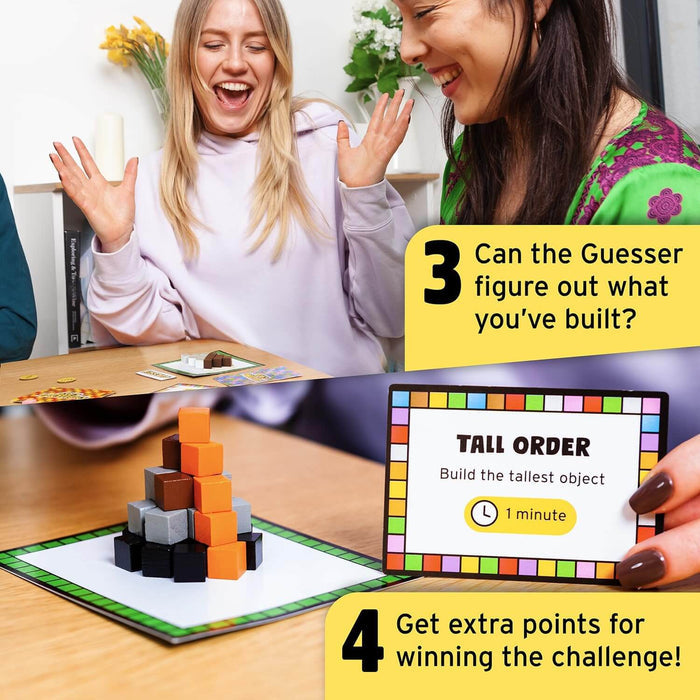 Two women play a game building a tower with orange, grey, and black cubes on a grid board next to a challenge card.