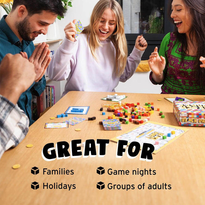 Friends laughing while playing a game with colorful wooden blocks and cards. Text: Great for families and game nights.