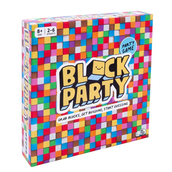 Square board game box with a multicolored cube pattern and bold yellow BLOCK PARTY text across the front.