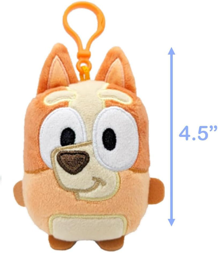 Orange and cream Bingo dog mini plush with a top clip and a height measurement of 4.5 inches.