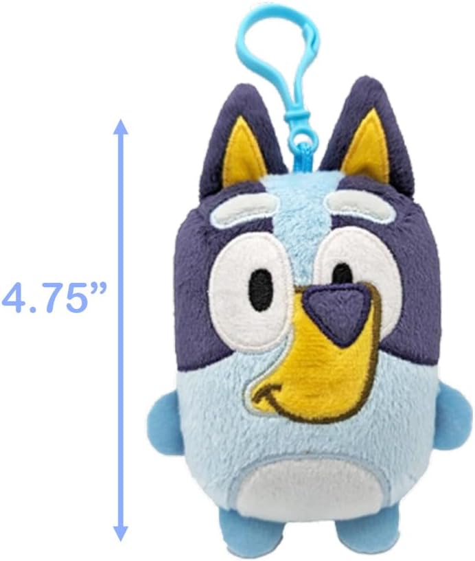 Bluey plush toy with blue and purple fur, yellow snout, and a light blue clip. Labeled as 4.75 inches tall.