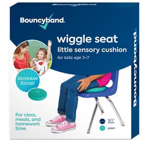 Bouncyband packaging for a green circular wiggle seat showing a child using the sensory cushion on a chair.
