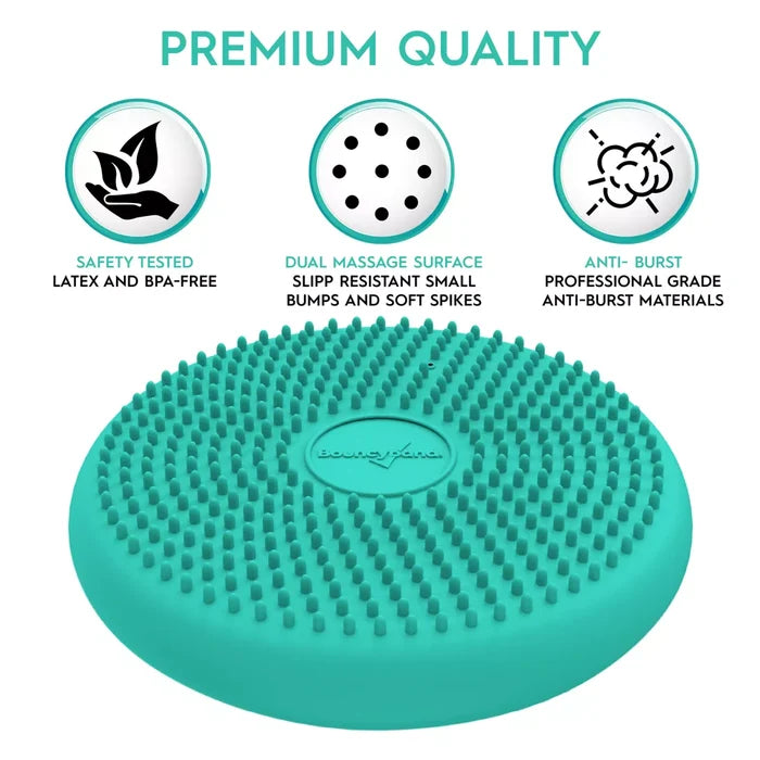 Teal round sensory cushion with soft spikes. Icons highlight latex-free, anti-burst, and dual-surface features.