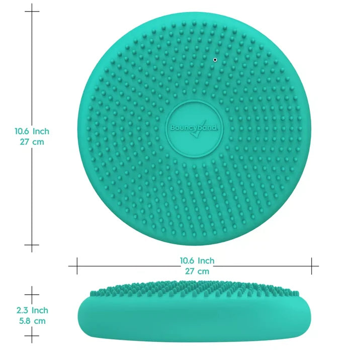 Teal round sensory cushion with nubby texture. Top and side views show 10.6-inch diameter and 2.3-inch height.