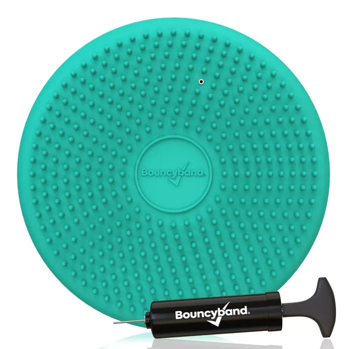Turquoise round sensory cushion with textured bumps and a small black hand pump.