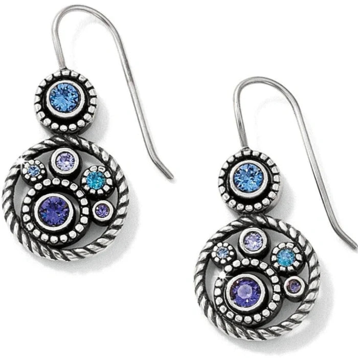 These Brighton Halo French Wire Earrings feature clusters of lavender and aqua crystals.