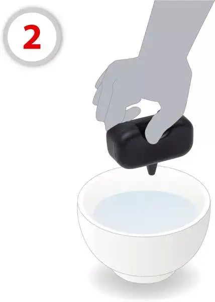Illustration of a hand holding a black water dropper over a white bowl of water, labeled as step 2.