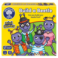 Bright yellow box for a children's game with four purple beetles in costumes like a pirate hat, glasses, and a crown.