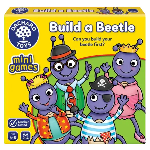Bright yellow box for a children's game with four purple beetles in costumes like a pirate hat, glasses, and a crown.