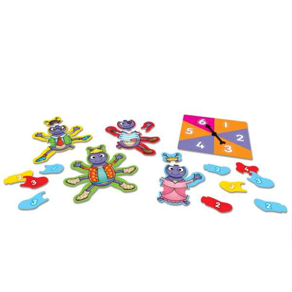 Four purple beetle characters in colorful outfits with numbered legs and a matching game spinner.