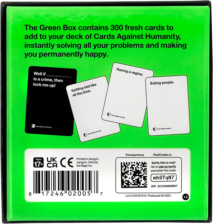 The back of a bright green box showing example cards, barcode, 17+ age rating, and product information.