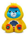 Grumpy blue Care Bear plush in a yellow duck hoodie with an orange bill and rain cloud belly badge.
