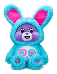 Purple plush bear wearing a fuzzy blue bunny hoodie with pink ears and a lollipop belly badge.