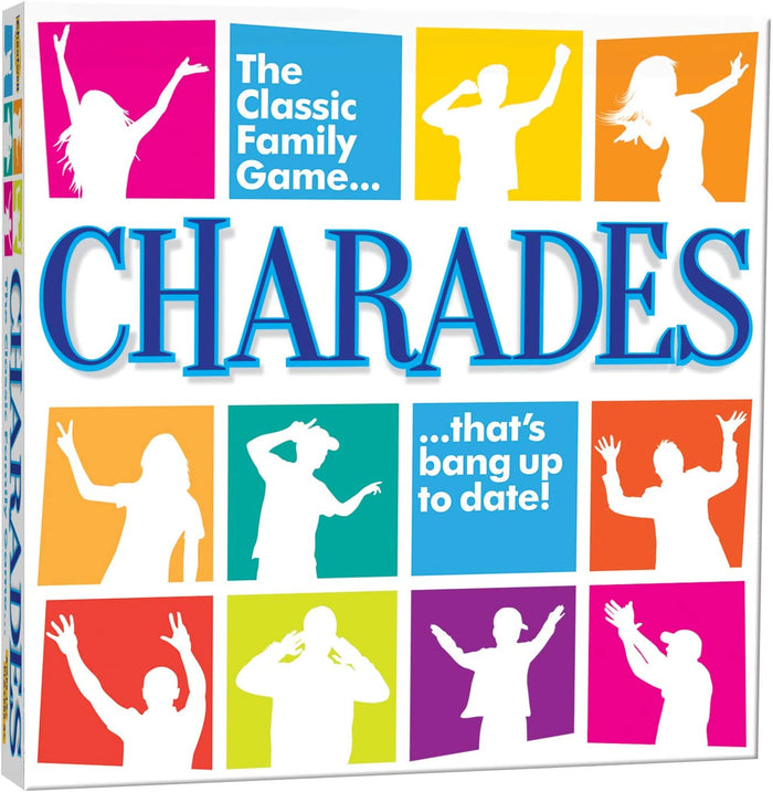 Square box with white silhouettes of people acting on a grid of colorful squares with the word CHARADES in blue.